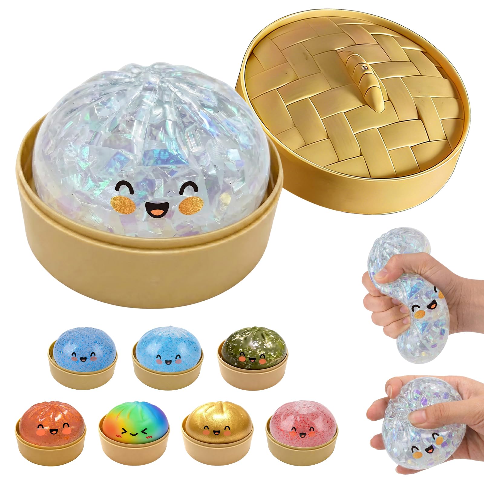 Glitter Dumpling Squishy, New Mystery Glitter Dumpling Squishies Box, Jumbo Squishy Toy with Steamer Box, Colorful Fidget Stress Balls, Soft Squeeze Decompression Dough Sensory Play Toy(Glitter White)