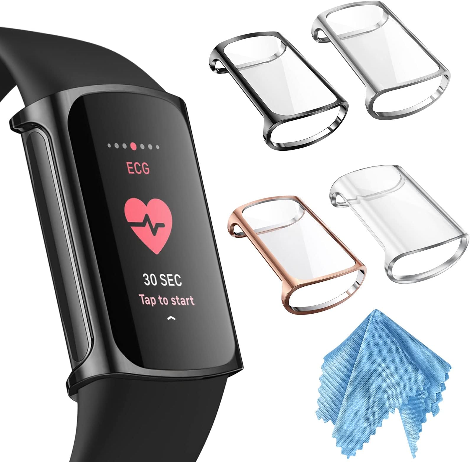Fintie 4-Pack Case Compatible with Fitbit Charge 6/5 (Not for Charge 4/3), Full-Around Screen Protector TPU Case Cover Bumper Shell Accessories, Clear, Black, Rose Gold, Silver