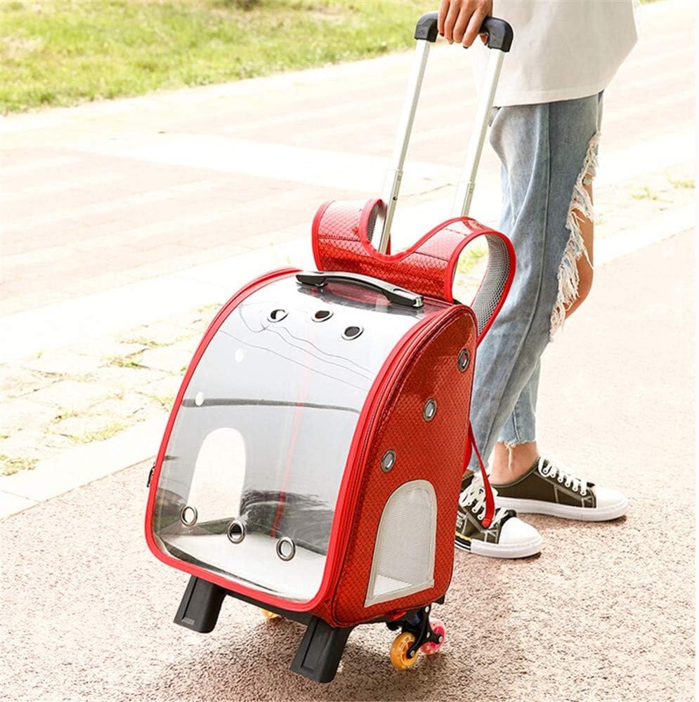 Pet Stroller Pet Trolley Backpack Box Dog Traveling Trolley Portable Transparent Pet Bag with Tie Rod (Red One Size)