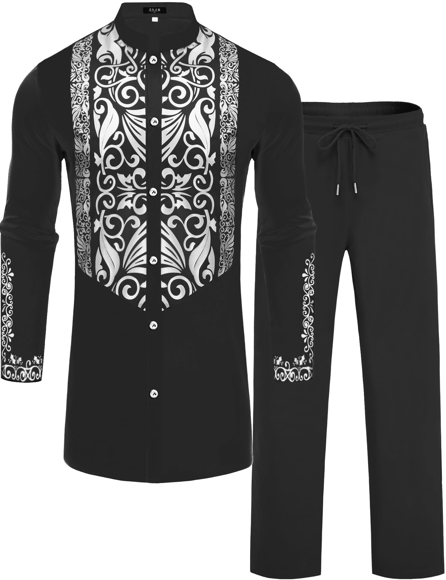 ZSJR Mens African 2 Piece Sets Dashiki Metallic Traditional Suit Gold Stamp Printed Shirt and Pants Outfit