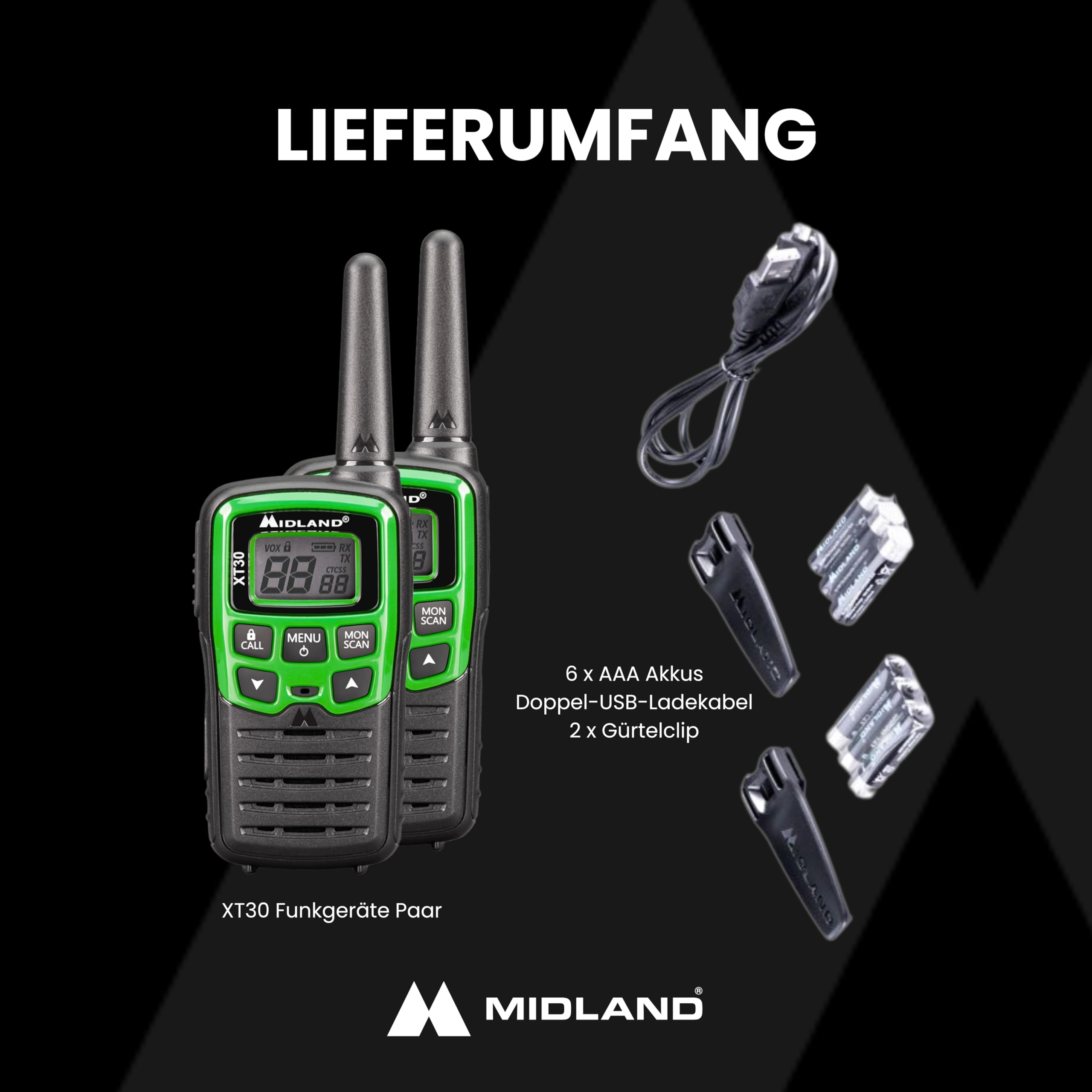 Midland XT30 PMR-Funkgerät mit Akku & Ladekabel, 6 km Reichweite, 16 Kanäle, VOX-Funktion, Walkie Talkies mit hervorragender Sprachqualität, Paar, grün