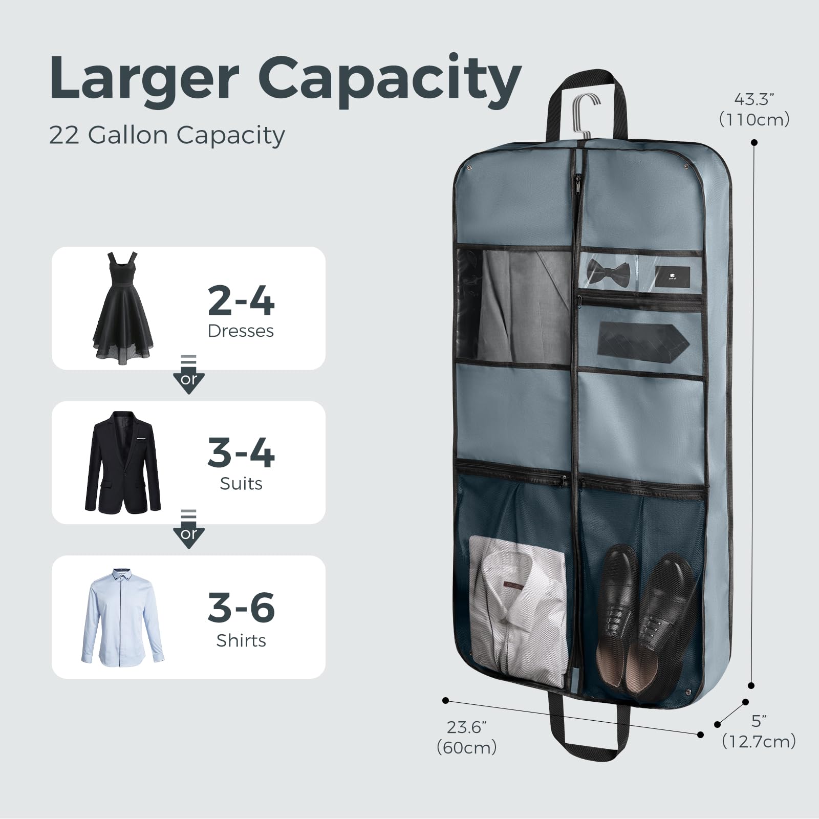 pack all Torba podróżna premium, 109 cm, wytrzymała, wisząca torba na garnitur, składana torba do przechowywania w szafie, pokrowiec ochronny na ubrania, koszule, sukienki, płaszcze (szara)
