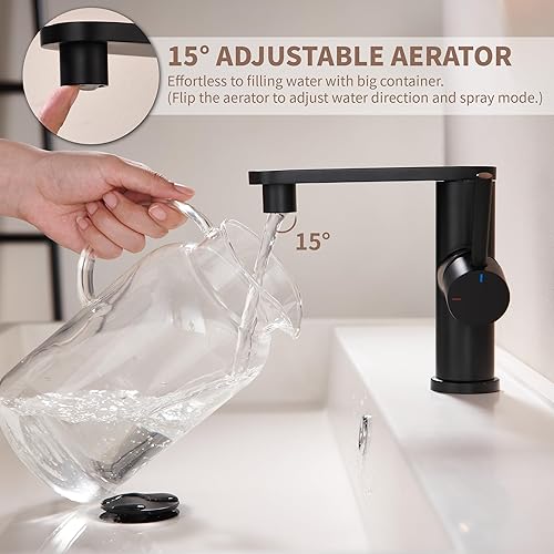 Miniatura 3 de Tohlar Grifo de lavabo de baño negro, grifo de baño de un solo orificio con rociador, grifo de tocador de una sola manija con boquilla giratoria de