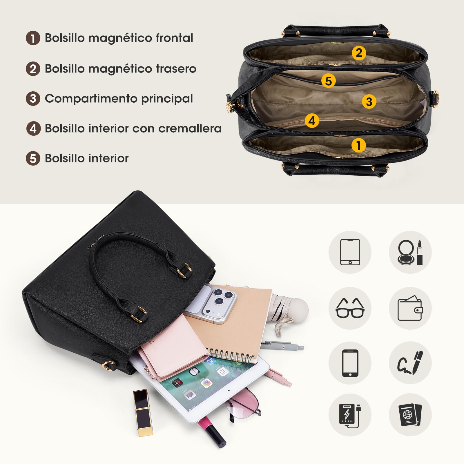 RAINSMORE Bolso Mujer de Piel PU Bolsos de Mano y Bandolera con Correa Ajustable para Tablet 11 Pulgadas Bolso Shopper Mediano para Trabajo y Oficina Diseño de Gran Capacidad Moderno Negro