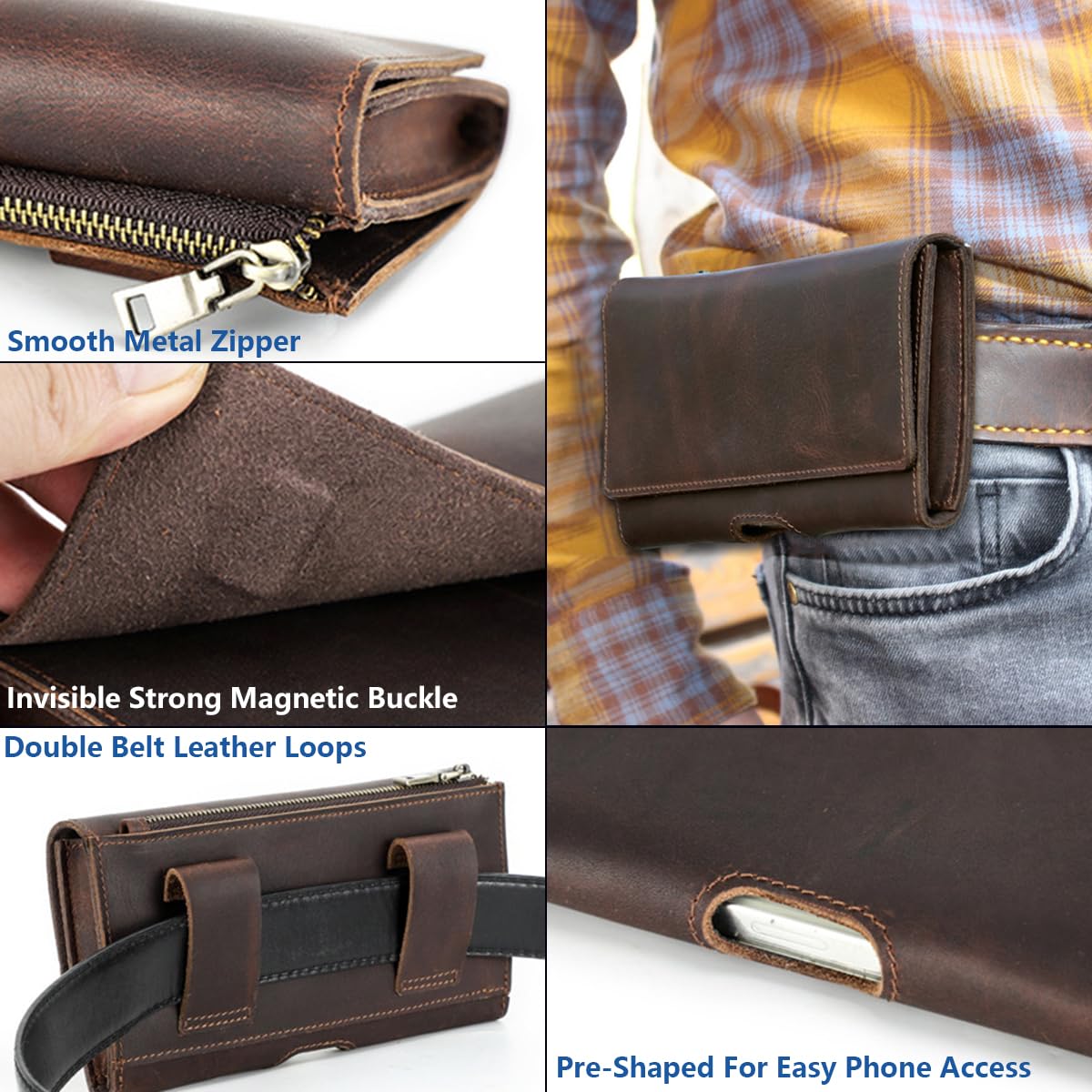 Retro Horizontale Handy Gürtelholster Tasche für iPhone 16 Pro/15 Plus/14 Pro Max, Herren Echtleder Gürteltasche Handyholster für Samsung Galaxy S25/S24/S23+, Outdoor Reise Holster Hülle Coffee