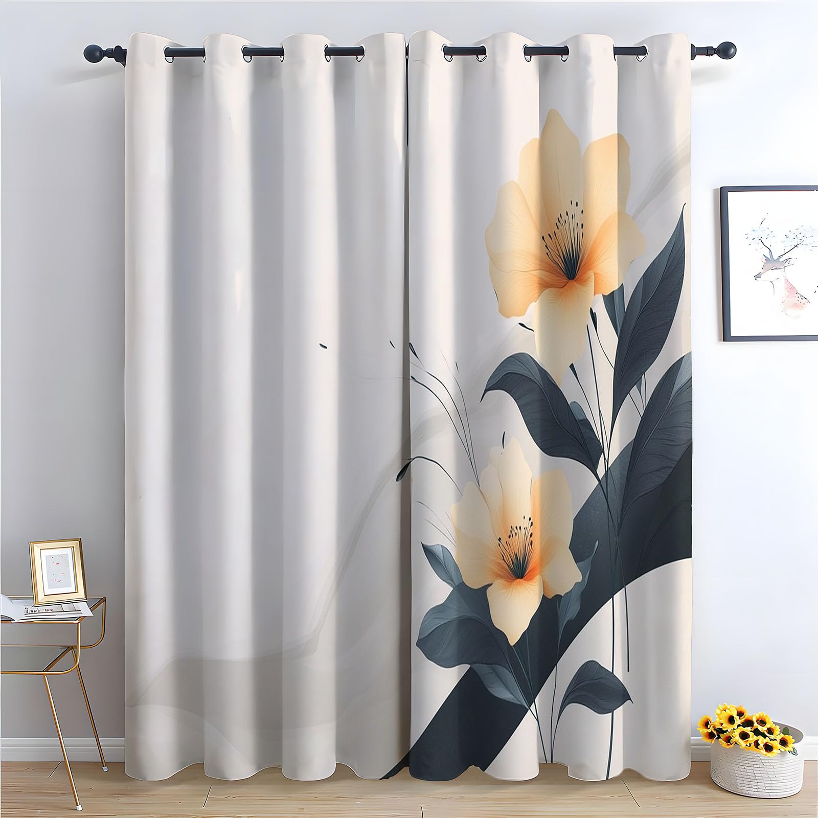 WIKEO Floral Blackout Curtains for Living Room Bedroom Natural Vintage Floral Eyelet Curtain Botanical Thermal Insulated Noise Reducing Drapes Window Treatment-52 W x 96" L (Pack of 2)