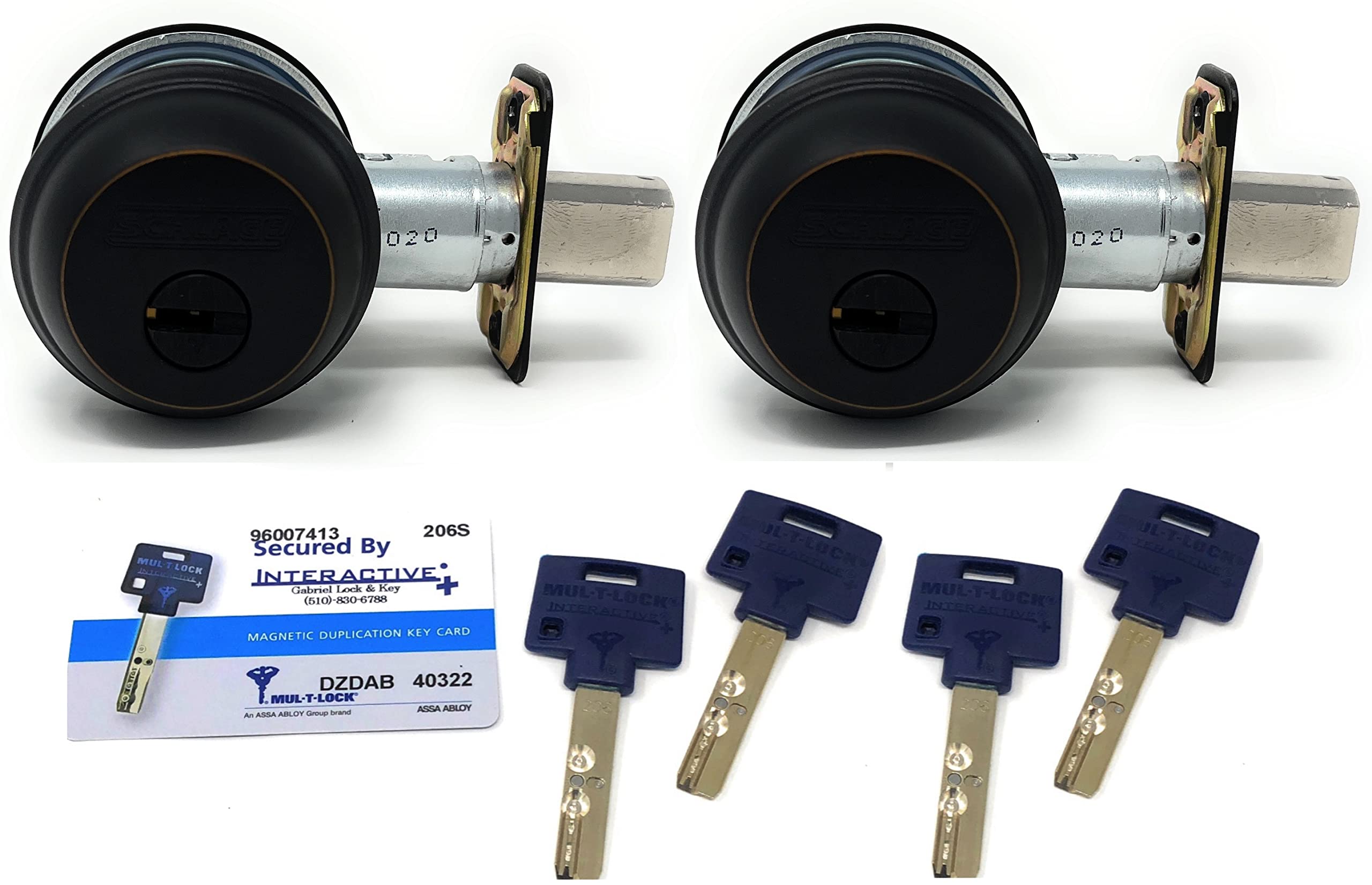 MUL-T-LOCK Interactive+ High Security Grade 1 Single Cylinder Deadbolt. B60N Body. Set of 2 Deadbolts Keyed Alike w/ Key Duplication Card and 4 Keys