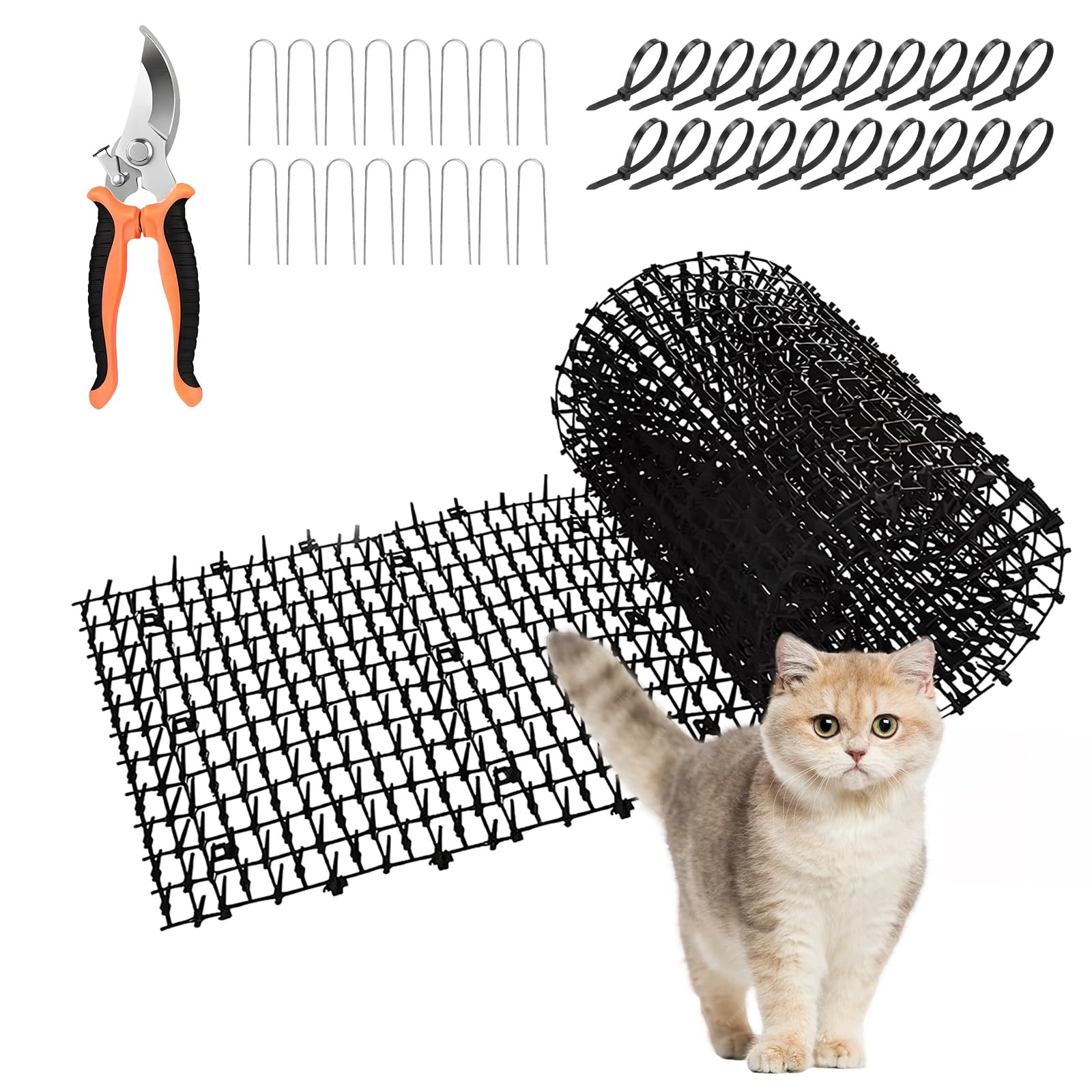 Cat Scat Mat with Spikes, 30cm x 200cm Black Plastic Anti-Cat Deterrent Net with 16 Pegs & 20 Ties, for Prickle Strip for Garden Fence Tops, Flower Beds, Balcony Protection​