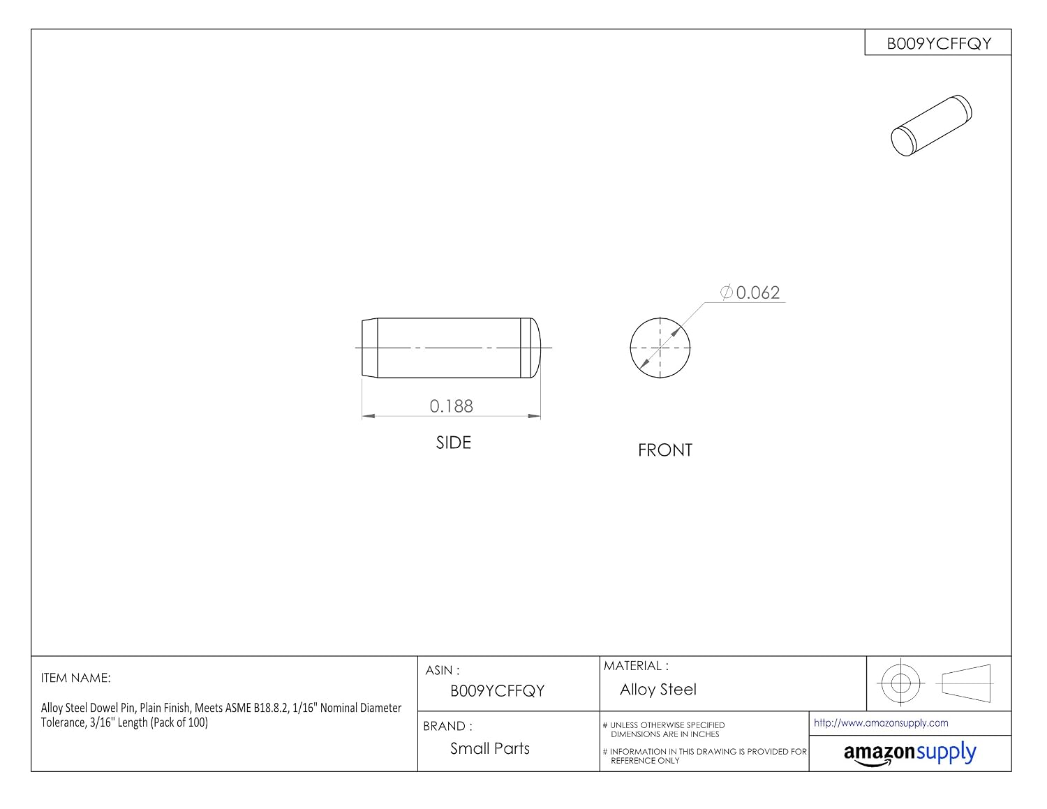 Alloy Steel Dowel Pin, Plain Finish, Meets ASME B18.8.2, 1/16" Nominal Diameter Tolerance, 3/16" Length (Pack of 100)
