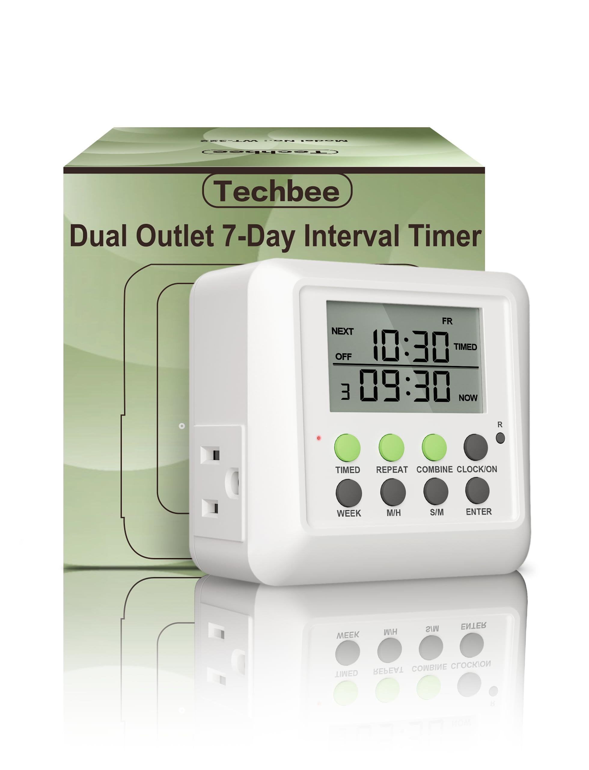 Techbee Dual Outlet Digital Timer Plug, 7 Day 24 Hour Programmable Cycle Timer, Combined Weekly/Daily & Intermittent Timing, 15A, 1 Pack