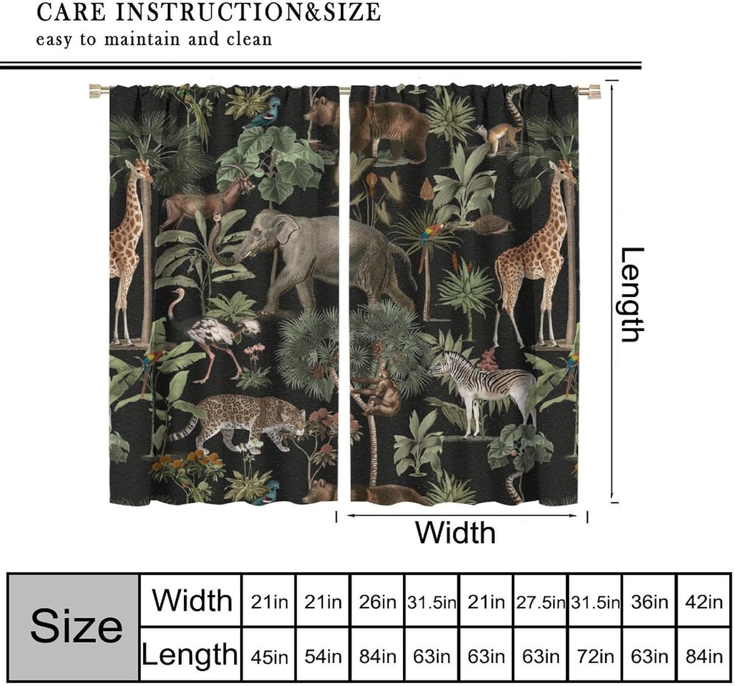 Jungle Animal Blackout Curtains, Tropical Forest Safari African Wildlife Animals World Black Background Drapes for Bedroom Living Room Kitchen Window Treatments, 42x45 Inch