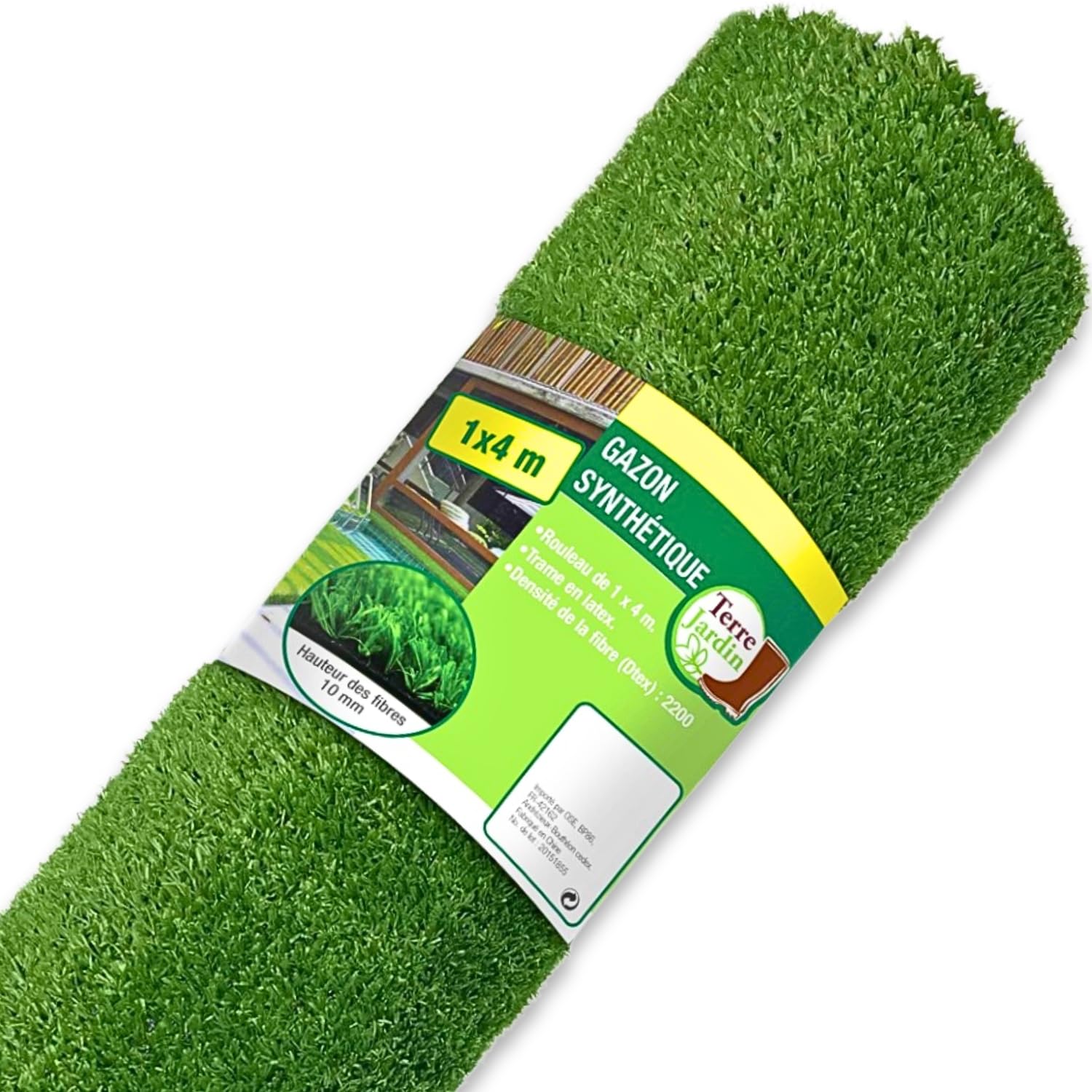 TERRE JARDIN - Gazon Synthétique, Rouleau 1 x 4 m - Gazon Artificiel, Réaliste, Hauteur Fibre 1 cm - Densité 2200 Dtex - Trame en Latex Noir - Faux Gazon Exterieur, pour Balcon, Terrasse, Jardin