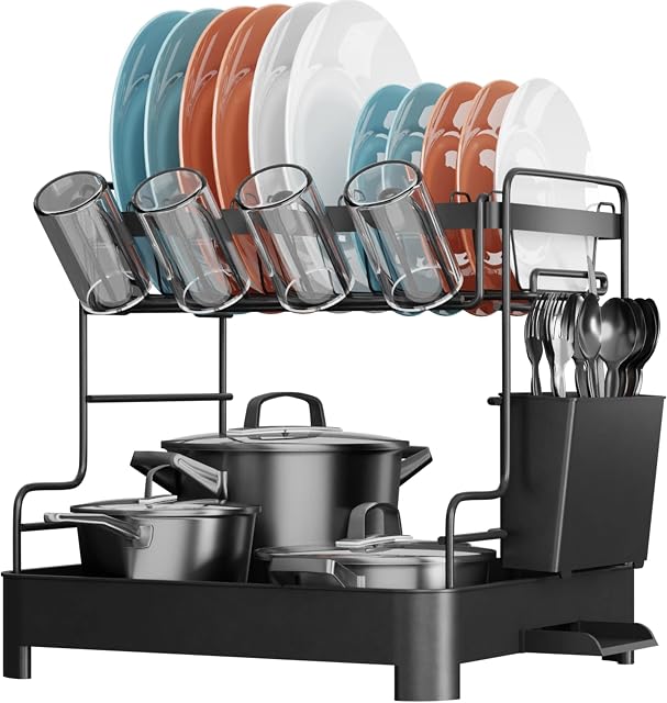 pickpiff 2 Tier Dish Drying Rack, Dish Drainer Rack with Drip Tray (31.5 * 29.7 * 30cm), Premium Material Kitchen Dish Drainer Rack, Kitchen Counter Sink Drainer Rack Counter (Black)