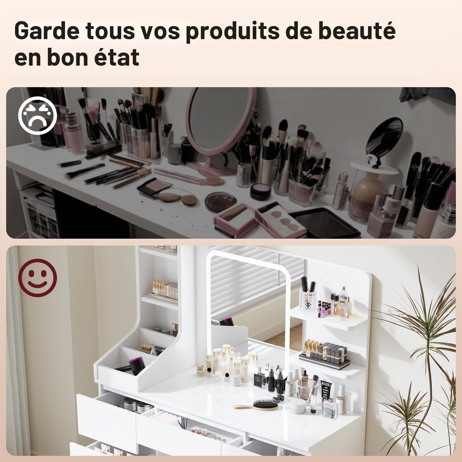 Devoko Coiffeuse LED avec 7 Grands Tiroirs, 3 Couleurs avec Luminosité Réglable, Table de Maquillage, Coiffeuse avec Miroir pour la Chambre à Coucher (Blanc)