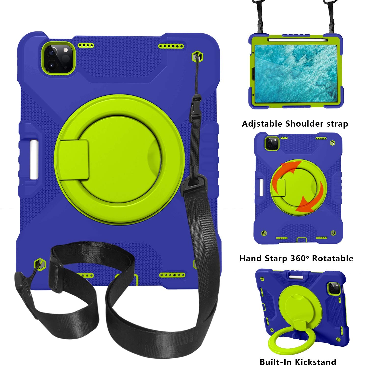 Tablette Coque For iPad 2020 AIR4 10.9 / PRO 11, Couvercle de protection antichoc adorable For enfants, avec support poignée pliante, kickstand rotation, bandoulière transportante(Navy blue+grass green)
