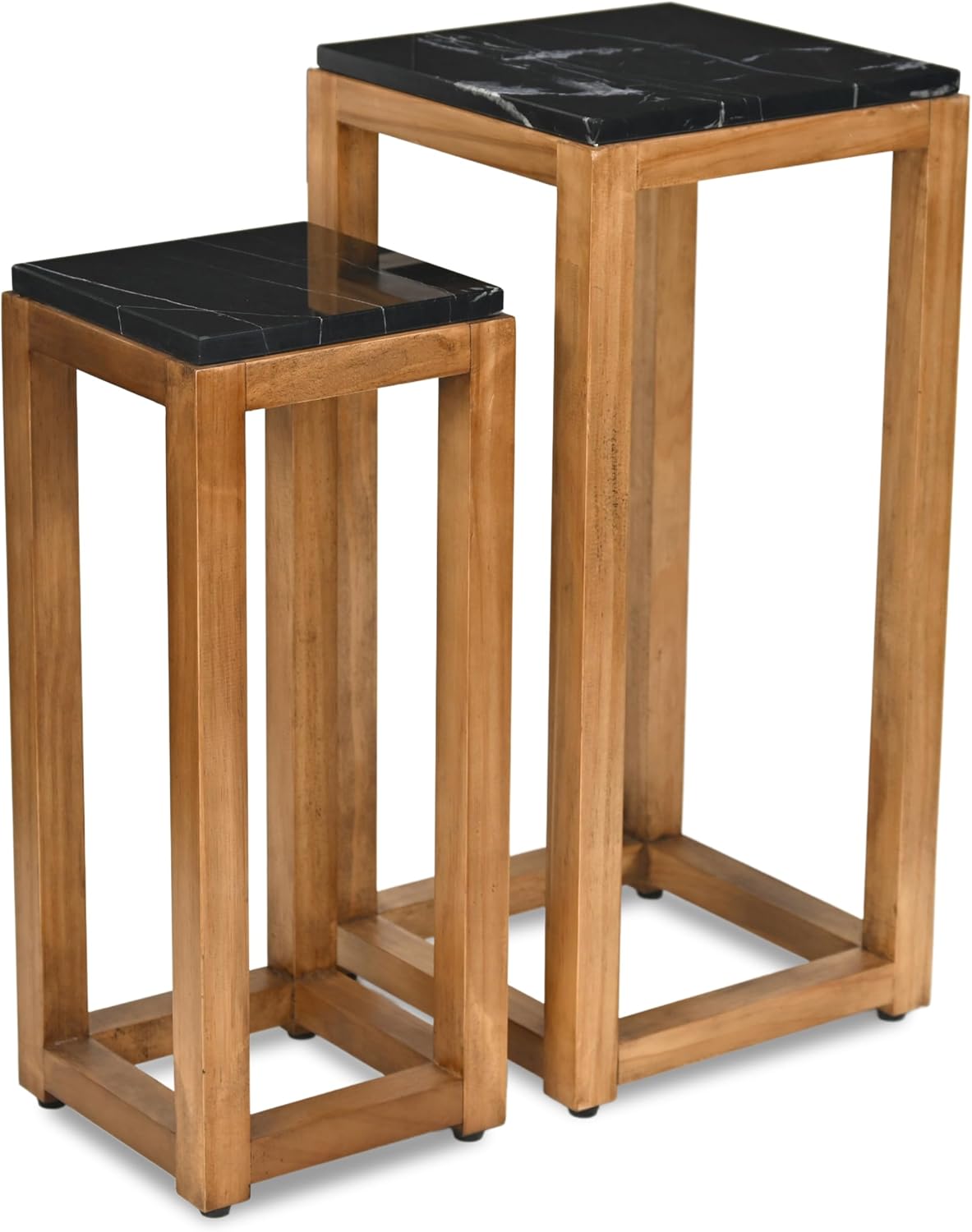 Cheung's Virael Set of 2 Square Black Marble-Topped Brown Wood Nesting Tables, Modern 12.25" Accent Tables for Living Room