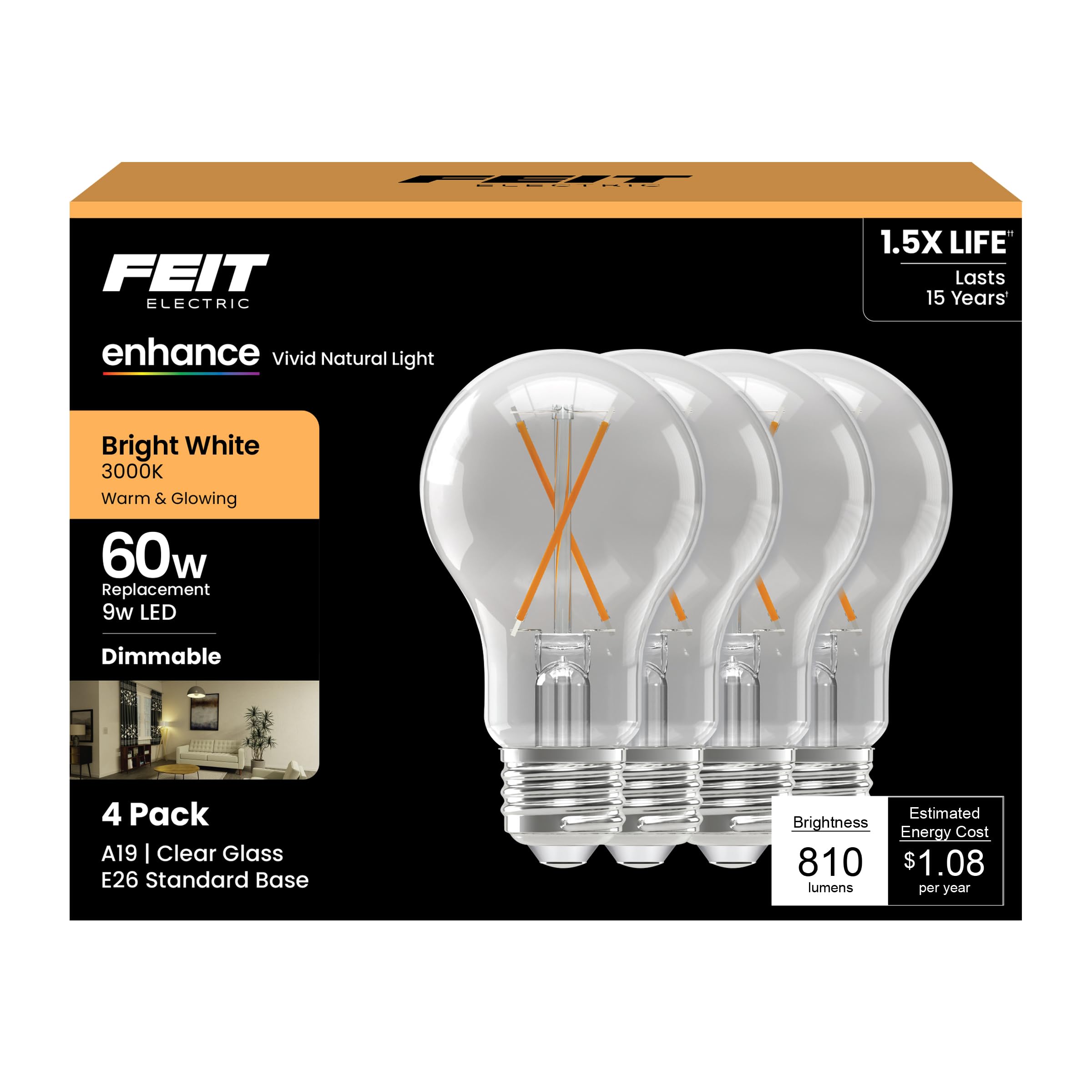 Feit Electric A19 LED Light Bulbs 60W Equivalent 810 Lumens 3000K Bright White High CRI 90 Dimmable Filament