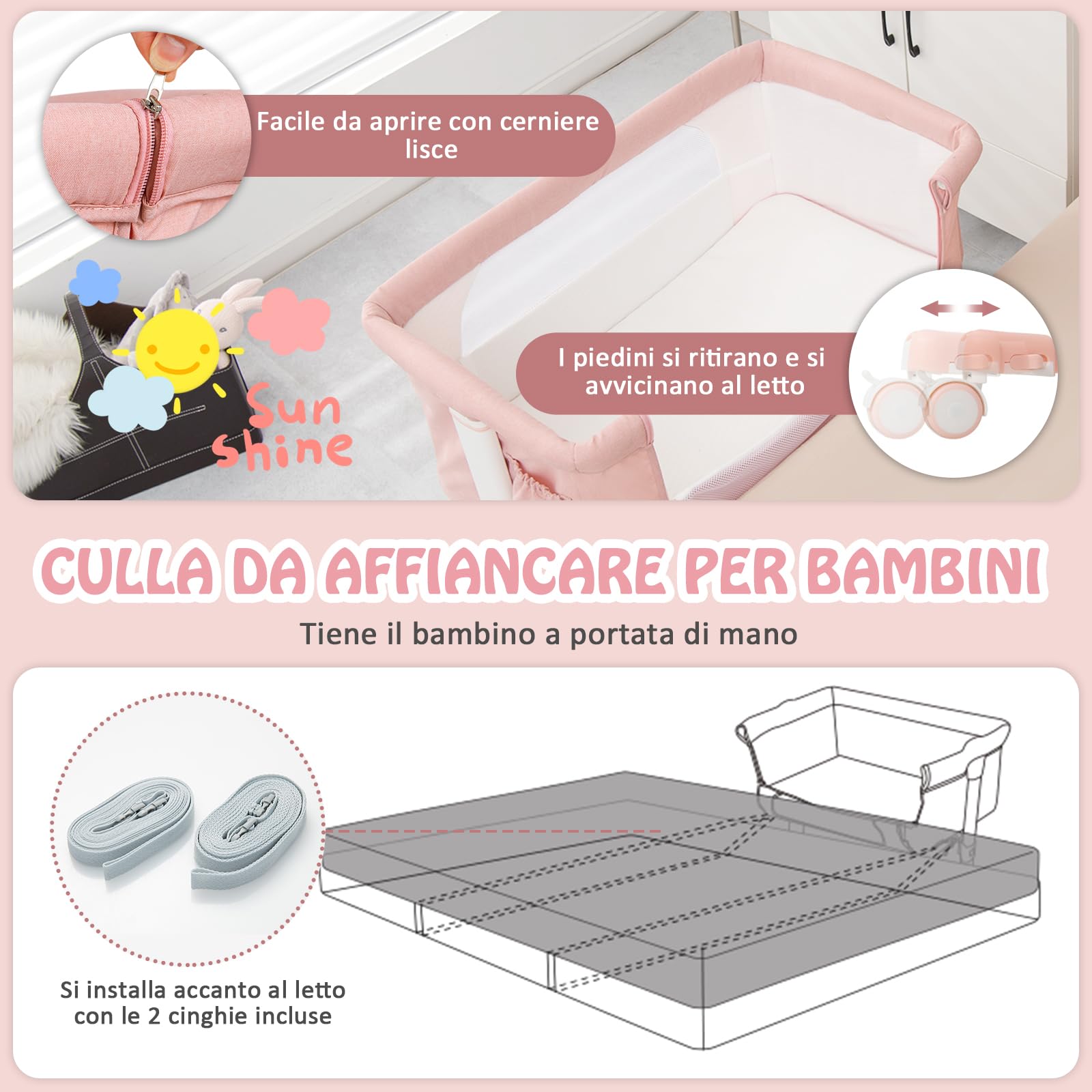 RELAX4LIFE 3 en 1 Cuna Colecho con 5 Alturas Ajustables, Ruedas Bloqueables, Colchón y Correa de Sujeción, Cuna Bebe con Bolsillo Portaobjetos y Bolsa de Transporte para Bebés 0-6 Meses (Rosa)