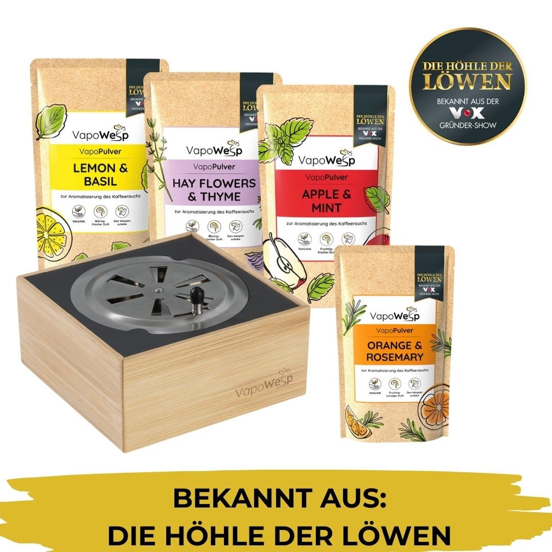 VapoWesp Räucherbox gegen Wespen und Mücken Outdoor | Aromatisierter Kaffeerauch vertreibt lästige Insekten auf natürliche Art, geniessen Sie entspannte Stunden im Freien, Orange & Rosemary Pulver