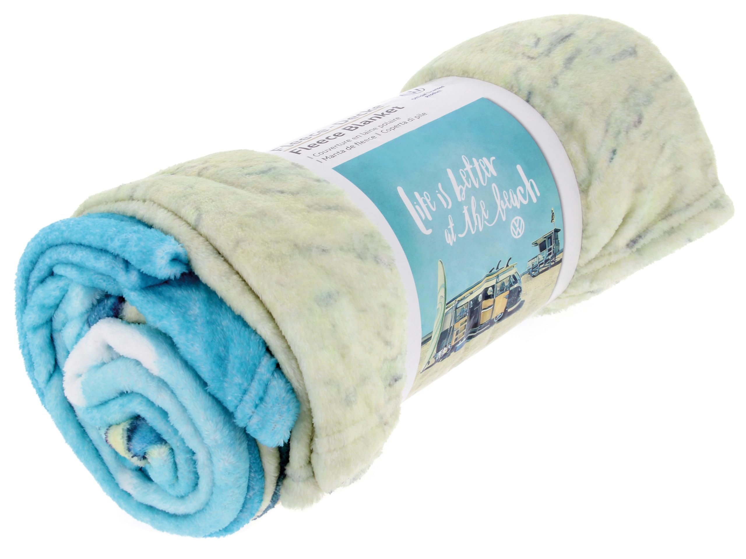 BRISA VW Collection - T1 Bulli Bus Fleece Kuscheldecke | Volkswagen Sofadecke Flauschig Weich, Couch Bett Camping Deko Retro, 100% Polarfleece 150 x 200 cm, Surf/Blau