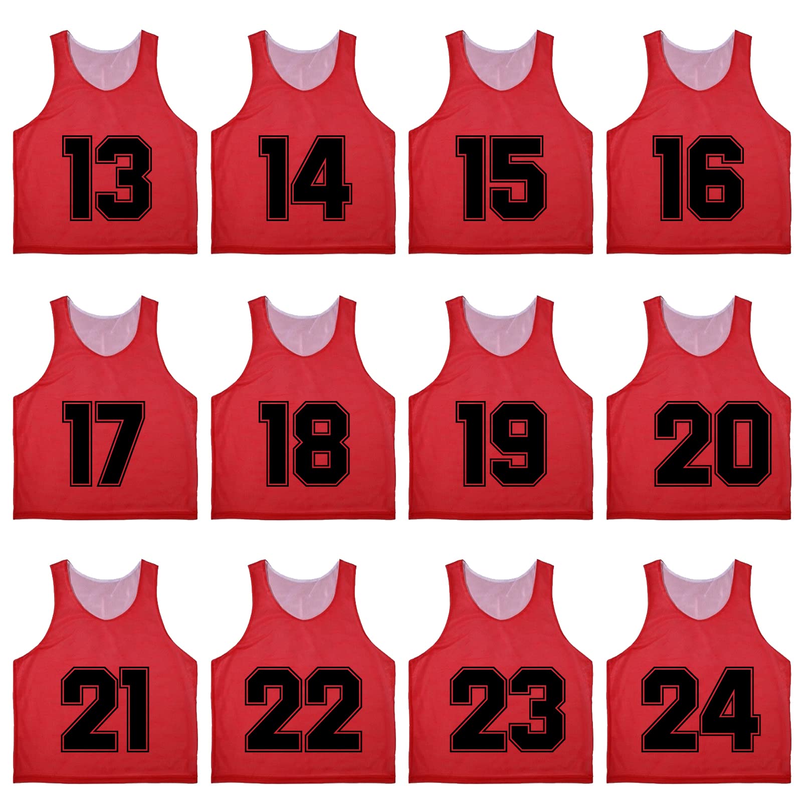 TopTie 12er-Set (#1-12, 13-24) nummeriertes Tanktop, wendbare Pinnies, Trainingswesten, Fußball-Sport-Lätzchen, Fußballtrikot für Erwachsene, Jugendliche, Rot/Weiß, Nr. 13 bis 24