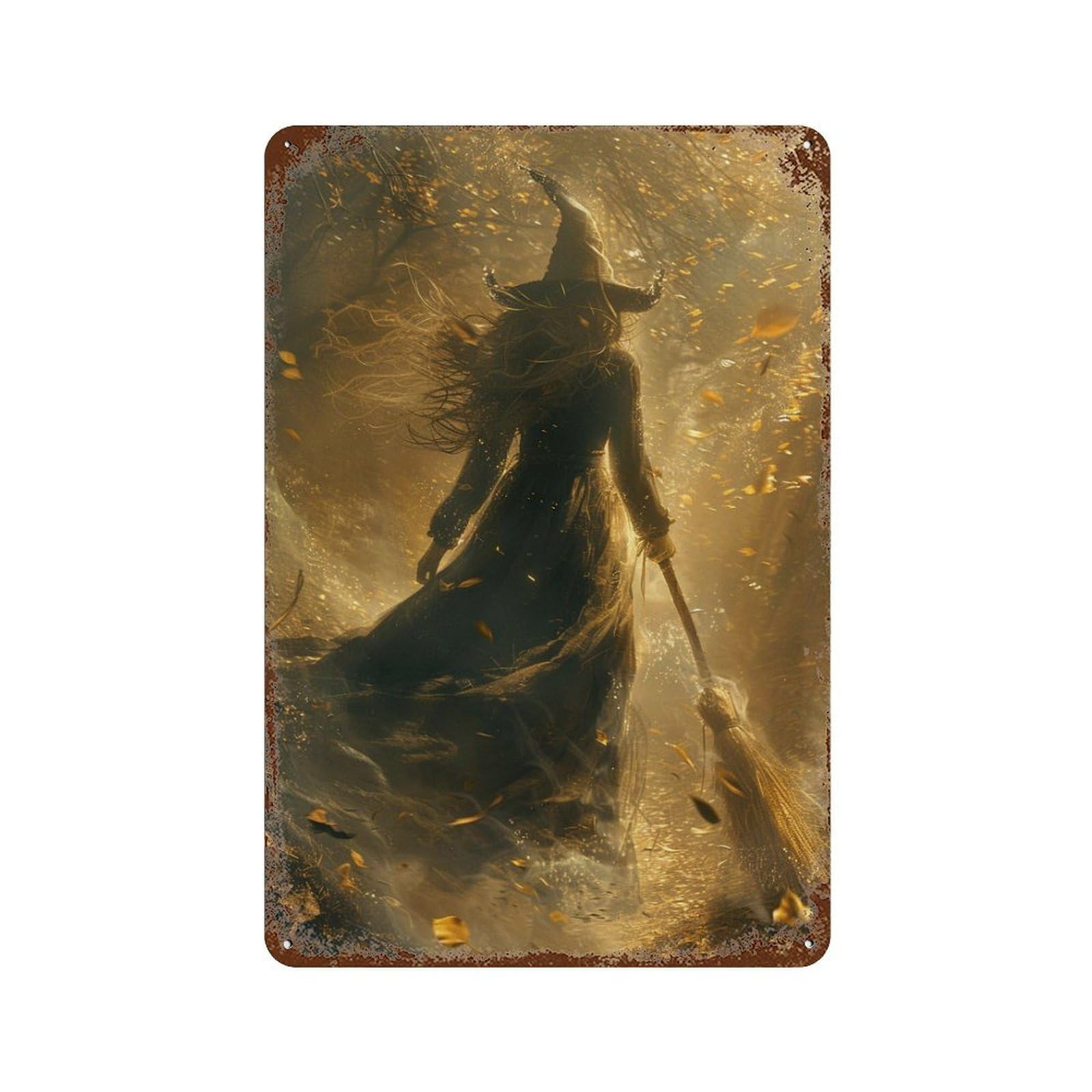 Distressed Metal Wall Sign with Spooky Witch in Forest Design 11.8"x7.9", for Living Room, Hallway And Home Decor, Vintage Wall Decor