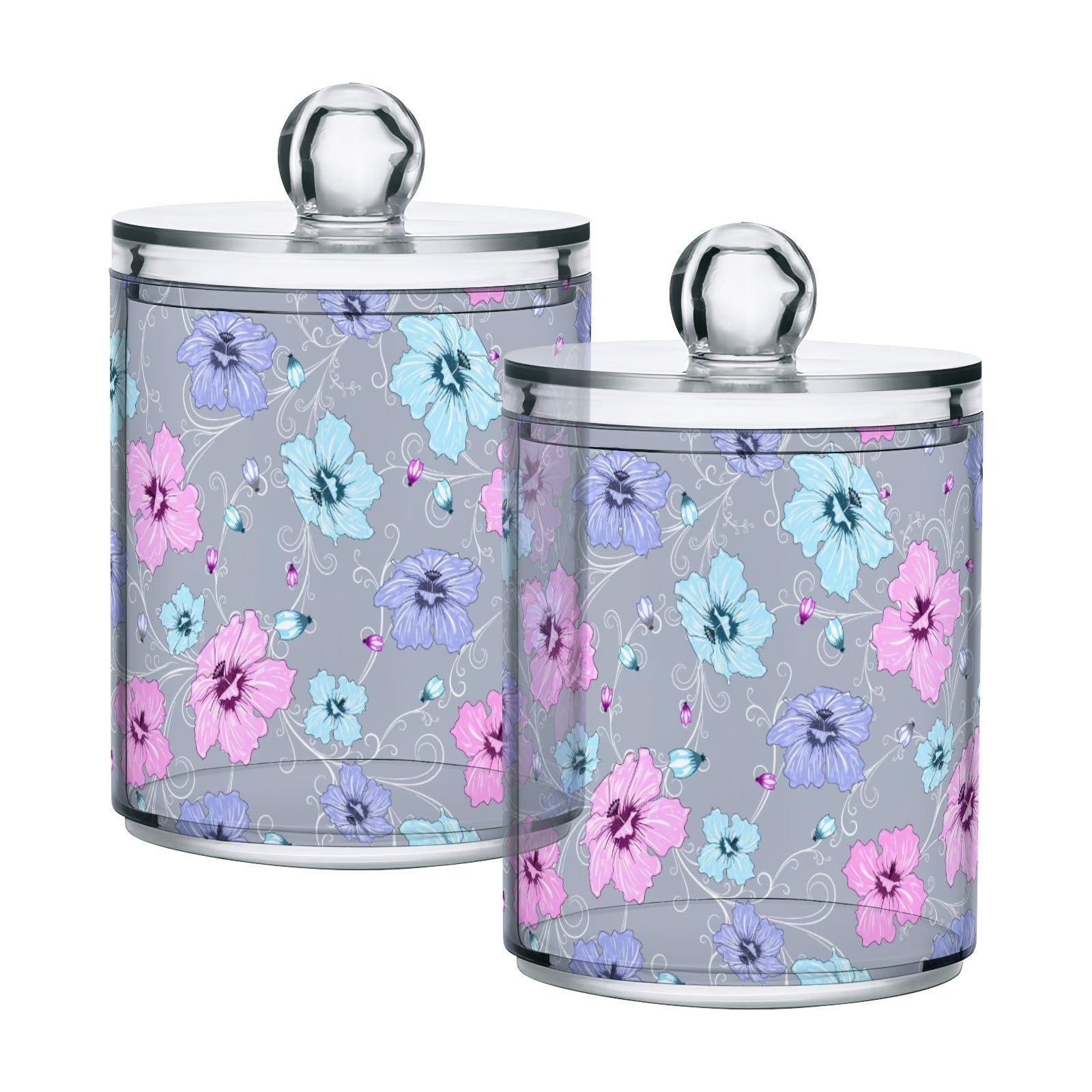 Colorful Flowers Print Restroom Bathroom Organizers with Lid Qtip Holder Dispenser Apothecary Jars Cotton Balls Pads Swabs Holder