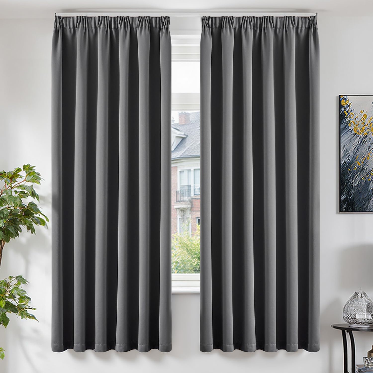 TOPICK Grey Blackout Curtains Living Room Bedroom, 90x72 Pencil Pleat 2 PCS