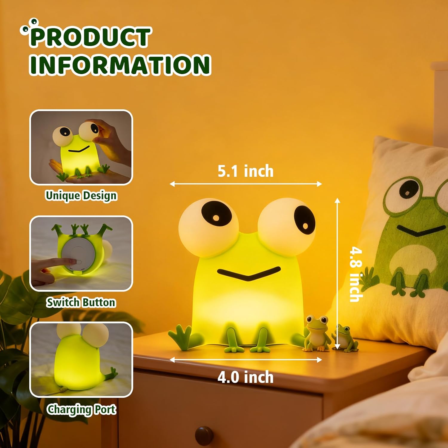 Frog Night Light with Timer Dimmable 3 Brightness 7 Colors Kawaii Frog Lamp Warm Sleep Aid USB Rechargeable Portable Night Lamp Decor for Girl Boy Nursery/Bedroom/Desk/Office