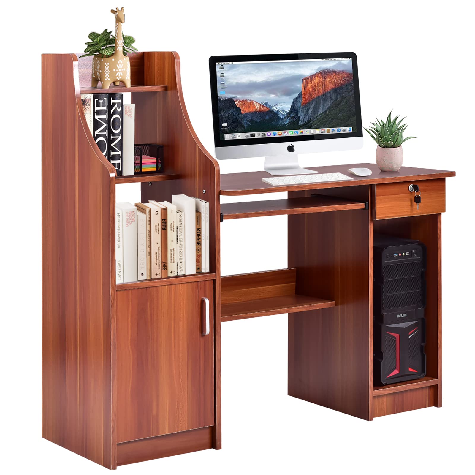 Computer Desk with Storage Cabinet, Wood Writing Table with with Bookshelf, Drawer and Hutch, Study Table with Pull-Out Keyboard Tray and CPU Shelf, Ideal for Home or Office, HW65706