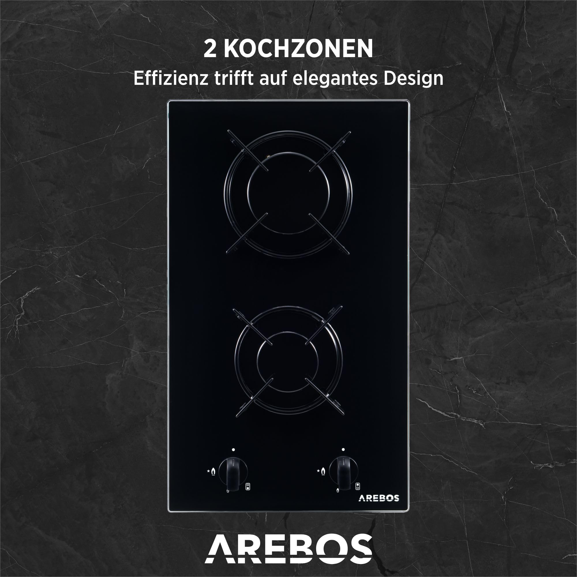 Arebos Gaskochfeld 30cm 2 Brenner | Gasherd aus gehärtetem Glas | Einbaukochfeld mit Gusseisen-Topfträgern | Erdgas & Propangas | Gaskocher mit integrierte Zündsicherung