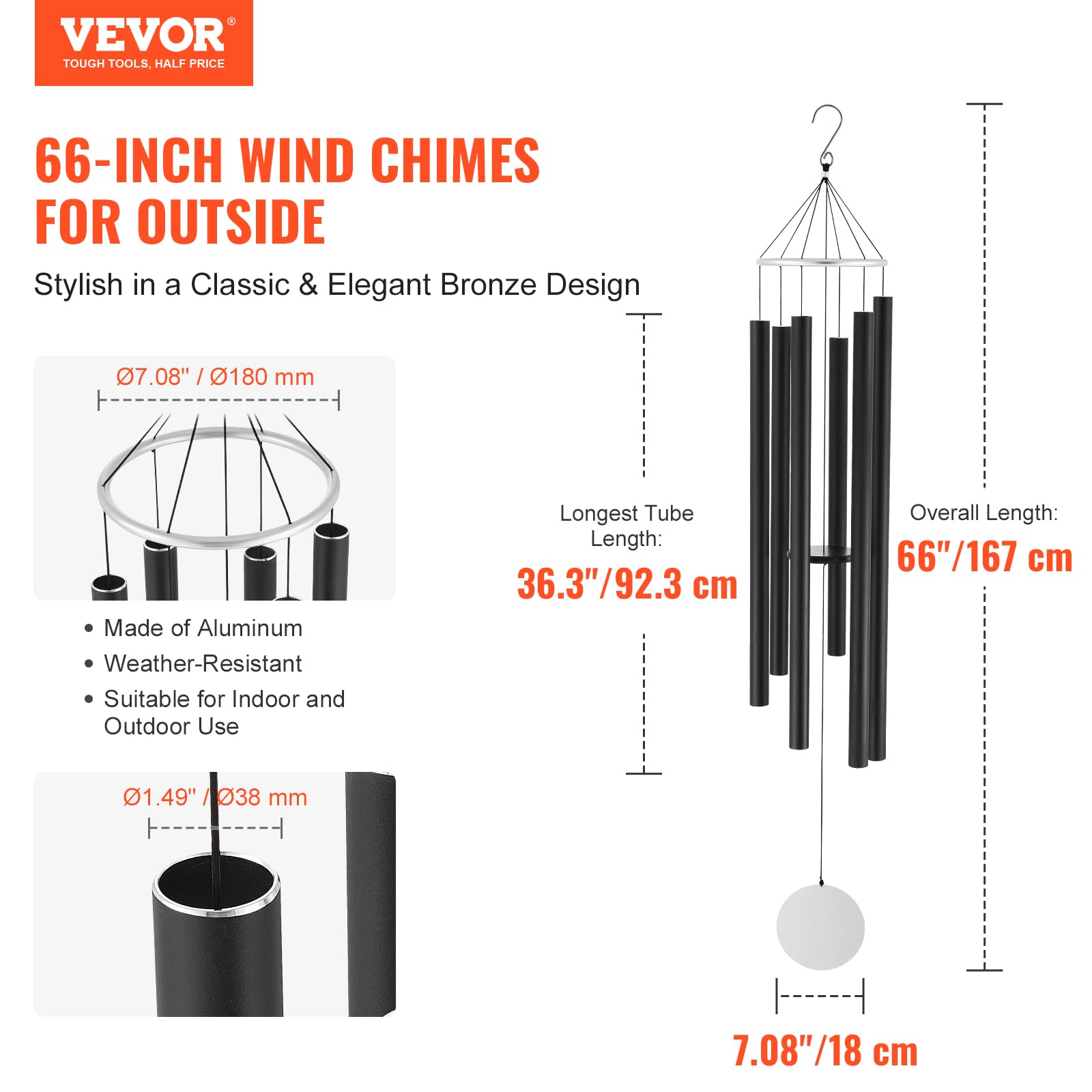 VEVOR Windspiel, 66 Zoll, Windspiel mit tiefem Ton und 6 Röhren, einzigartiges großes Gedenk-Windspiel zum Jahrestag, tolle Außendekoration für Terrasse, Veranda, Garten und Hinterhof, schwarz