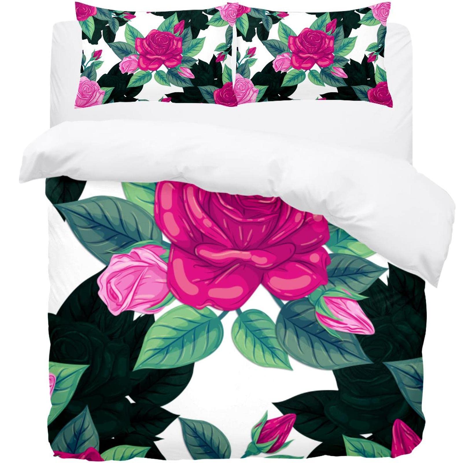 Housse de couette 2 taies d'oreiller motif floral rose tissage premium