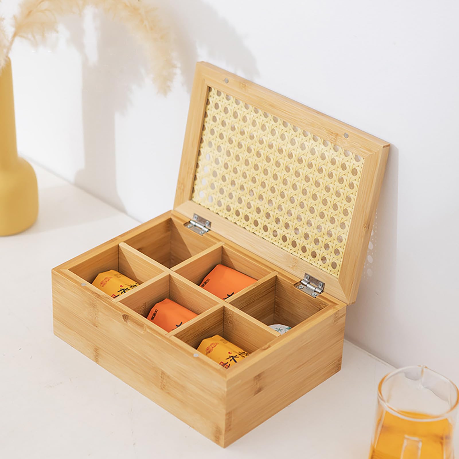 Bamboos Caja de té Organizadora, Cofre de té de Madera con Ventana Transparente, Caja de Almacenamiento de té con Cajón, Contenedor de té de Madera, Acabado de Madera,