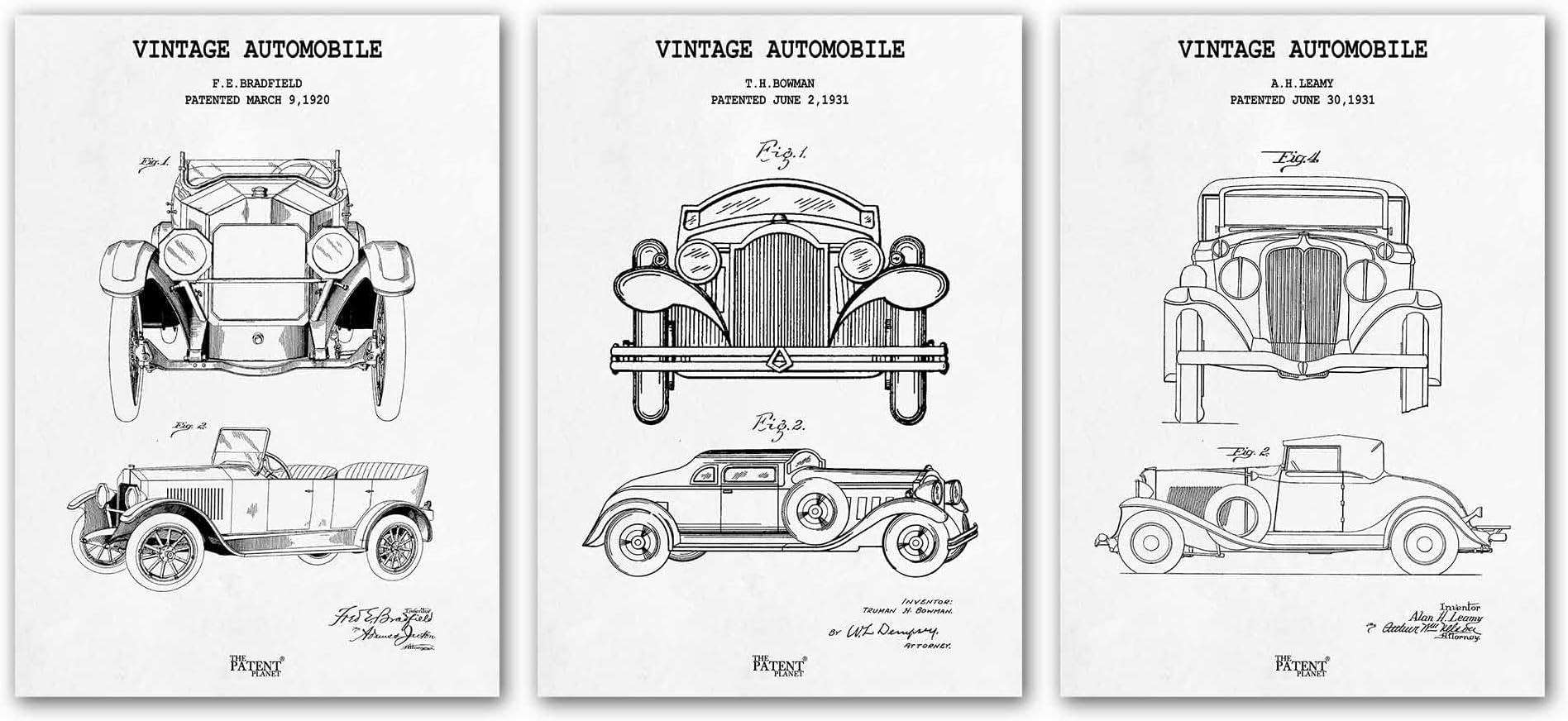 The Patent Planet®, Set of 3 Vintage Car Patent Print, Early 1900s Car Print, Car Wall Art, Vintage Car Blueprint, Car Patent (A4, Option 4 : White)