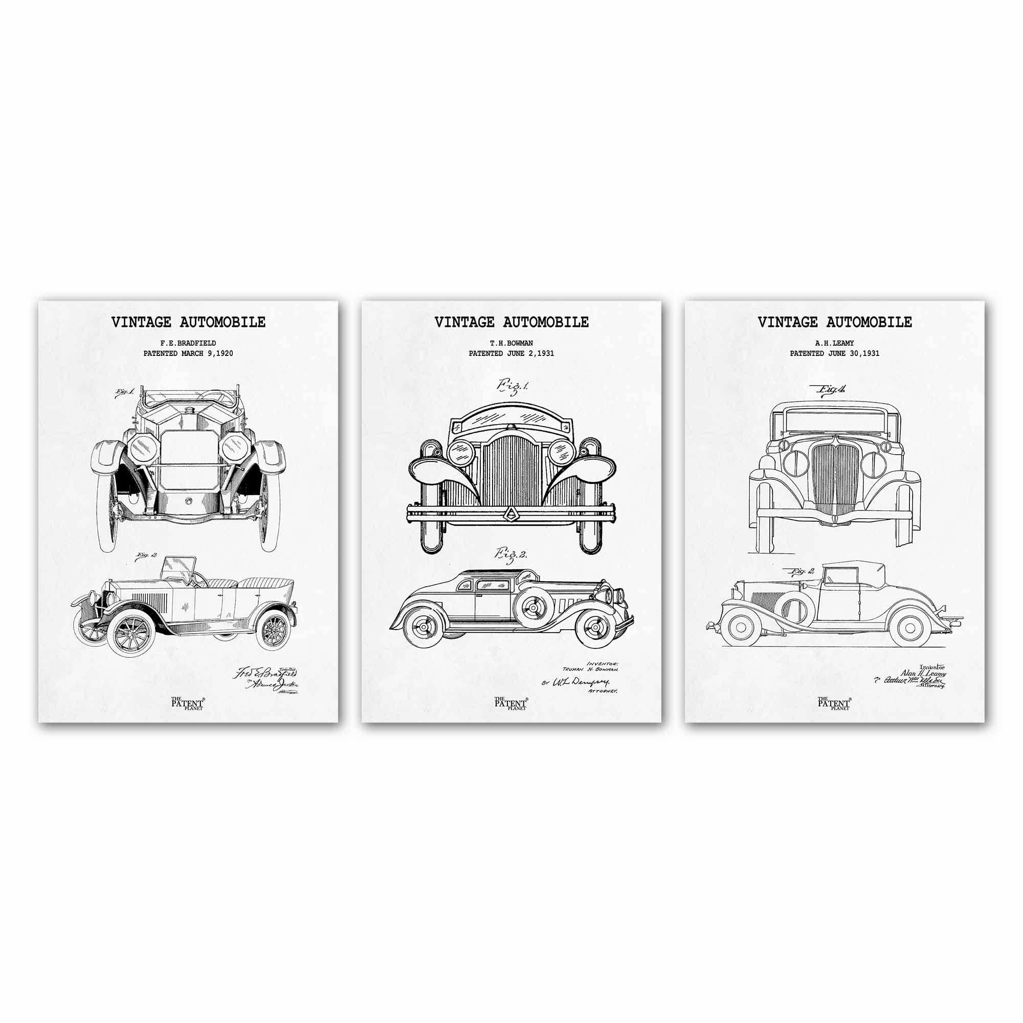 The Patent Planet®, Set of 3 Vintage Car Patent Print, Early 1900s Car Print, Car Wall Art, Vintage Car Blueprint, Car Patent (A4, Option 4 : White)