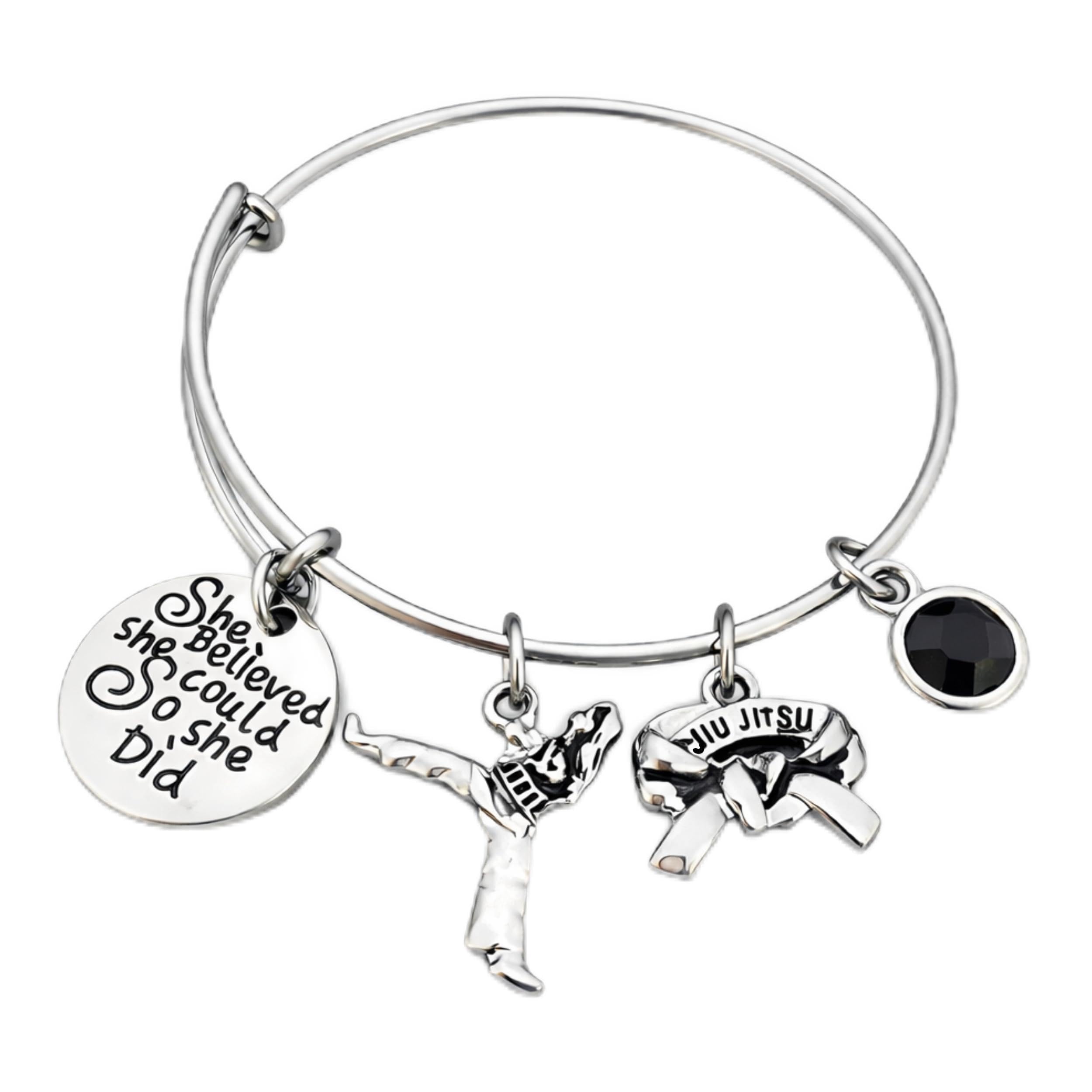 Sportybella Jiu Jitsu Charm Bracelet - She Believed She Could Martial Arts Black Belt Charm Bracelet, Brazilian Jiu Jitsu Gift for Women, Jiujitsu