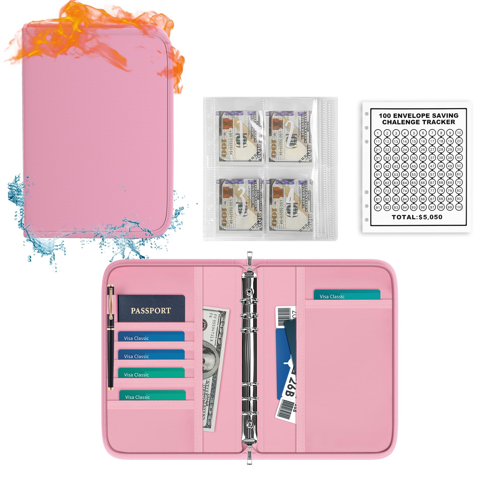 Fireproof 100 Envelopes Money Saving Challenge, Money Saving Binder with Cash Envelopes, Double Zipper for Waterproof Safety, Fun and Easy Way to Save $5,050 (Pink, 1 Pcs)