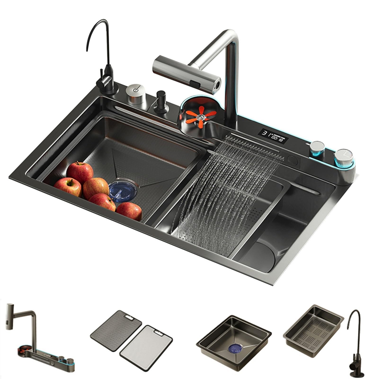 ZQFHSX Black Modern Double Waterfall Sink Kitchen Stainless Steel Top-mounted/undermount Single Bowl LED Display Multifunctional Faucet Multiple Accessories(75 * 45 22cm)