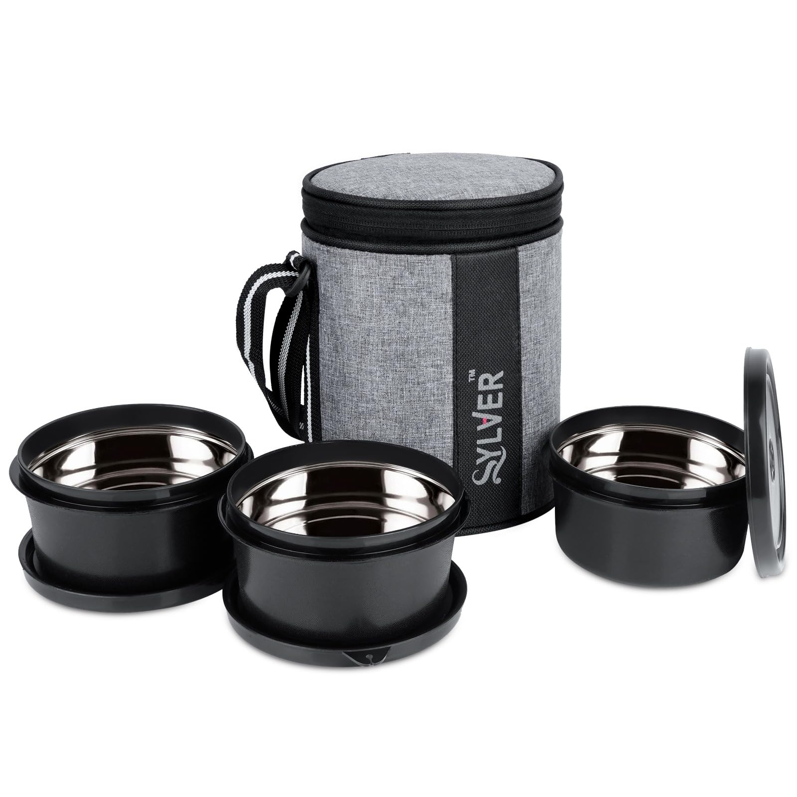 sylver Bitebox Set of 3 Vertical Lunch Box : Unisex, Leak Proof & Microwave Safe, 3 Inner Steel Containers (400ml), Insulated Fabric Bag for Full Meal, Easy to Carry (Black Grey).