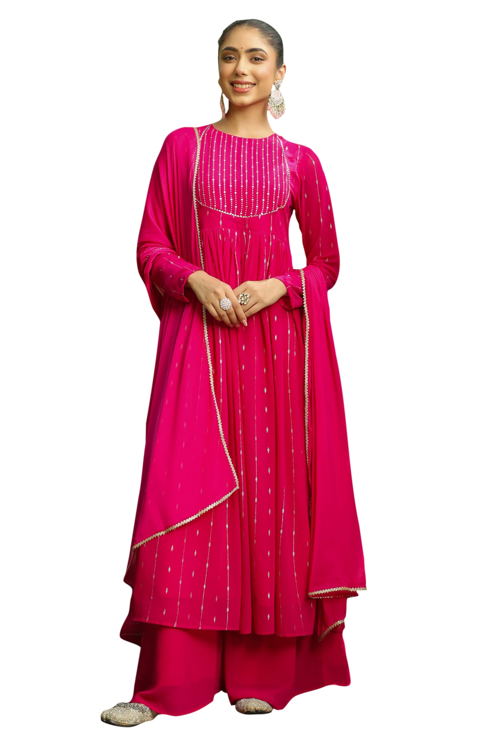 Janasya Indian Women's Georgette Pink Foil Print Festive Wear Kurta Set for Women