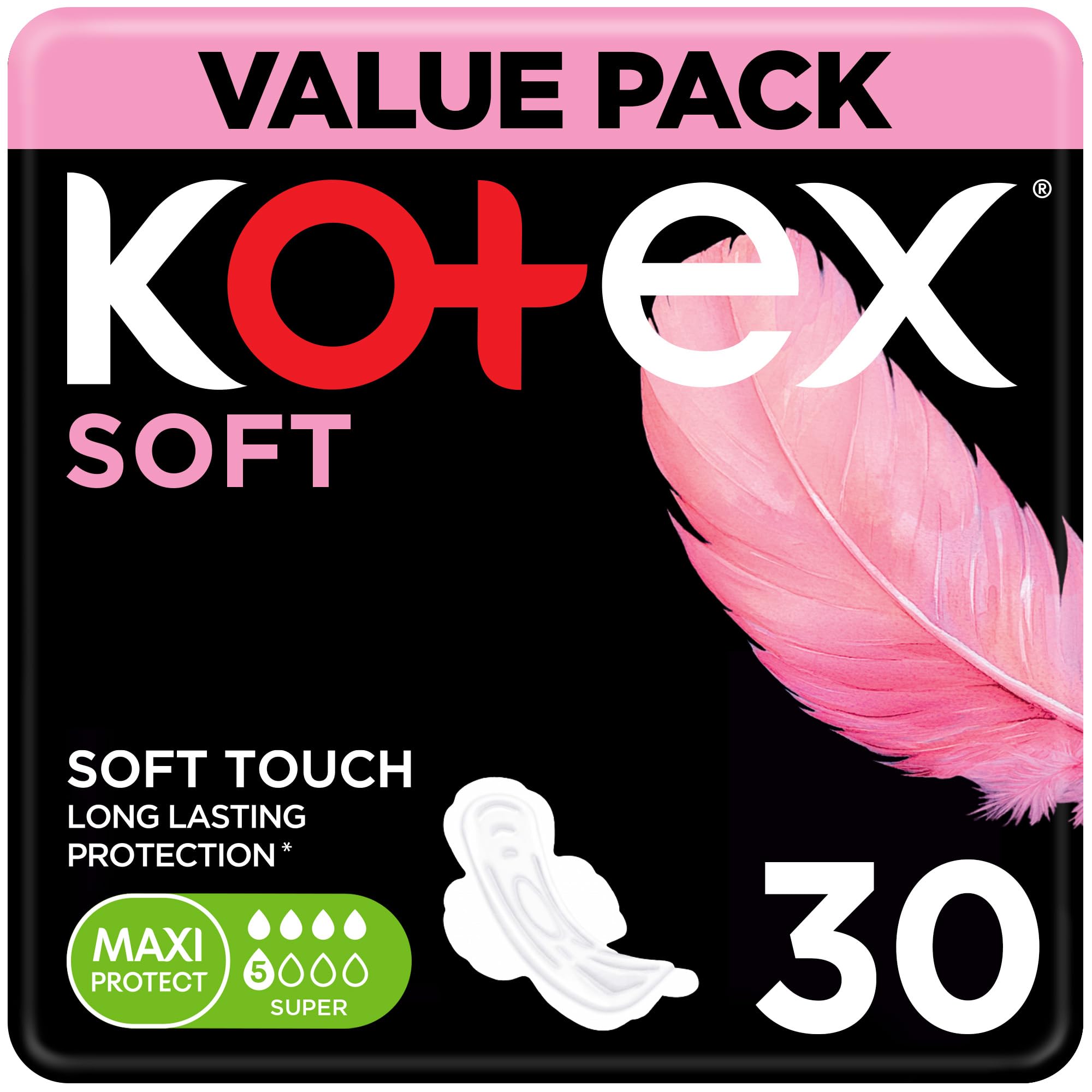 Kotex Maxi Soft Super Sanitary Pads, 30 Count – Extra-Soft High-Absorbency Day Pads with Gentle Cushioned Cover for Heavy-Flow Days, Sensitive Skin & Long-Lasting Comfort