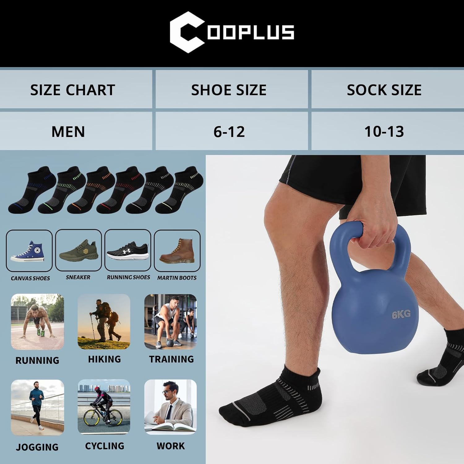 Cooplus Mens Cotton Athletic Ankle Socks Performance Cushioned Breathable Low Cut Tab Sock with Arch Support (6 Pairs) - Image 6