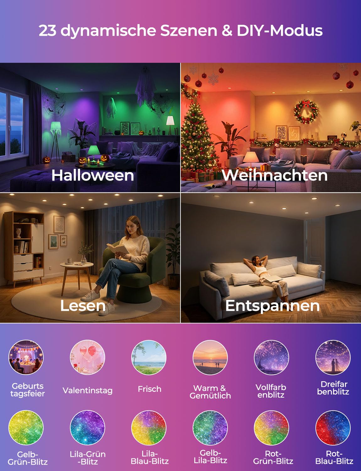 HEKEE Einbaustrahler LED RGB Bluetooth, Ф68-85mm RGBW LED Spots, Farbig LED Einbaustrahler 2700K-6000K IP44, Einbauspots mit Timer und APP-Steuerung（6 stück）