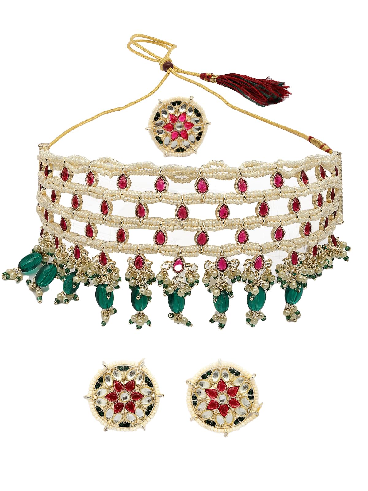 Stylish Traditional Pink Kundan & Green Beads with Gold Plated Choker Necklace & Floral Studs Earring & Ring Jewellery Set for Women & Girls|NS107358-image-13