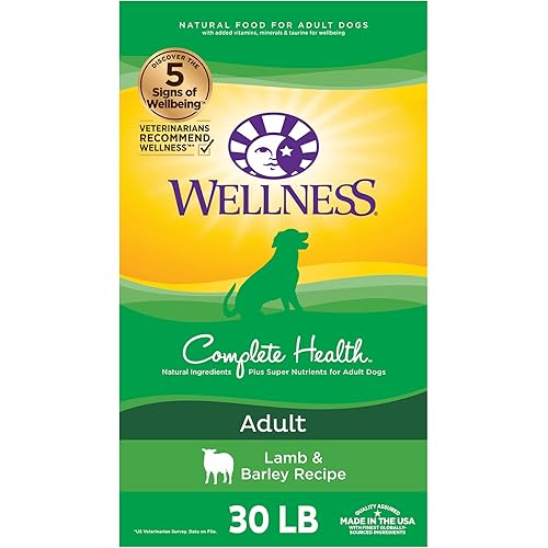 Wellness Complete Health Dry Dog Food with Grains, Made in USA with Real Meat & Natural Ingredients, All Breeds, Adult Dogs (Lamb & Barley, 30-lb) – With Nutrients for Immune, Skin, & Coat Support