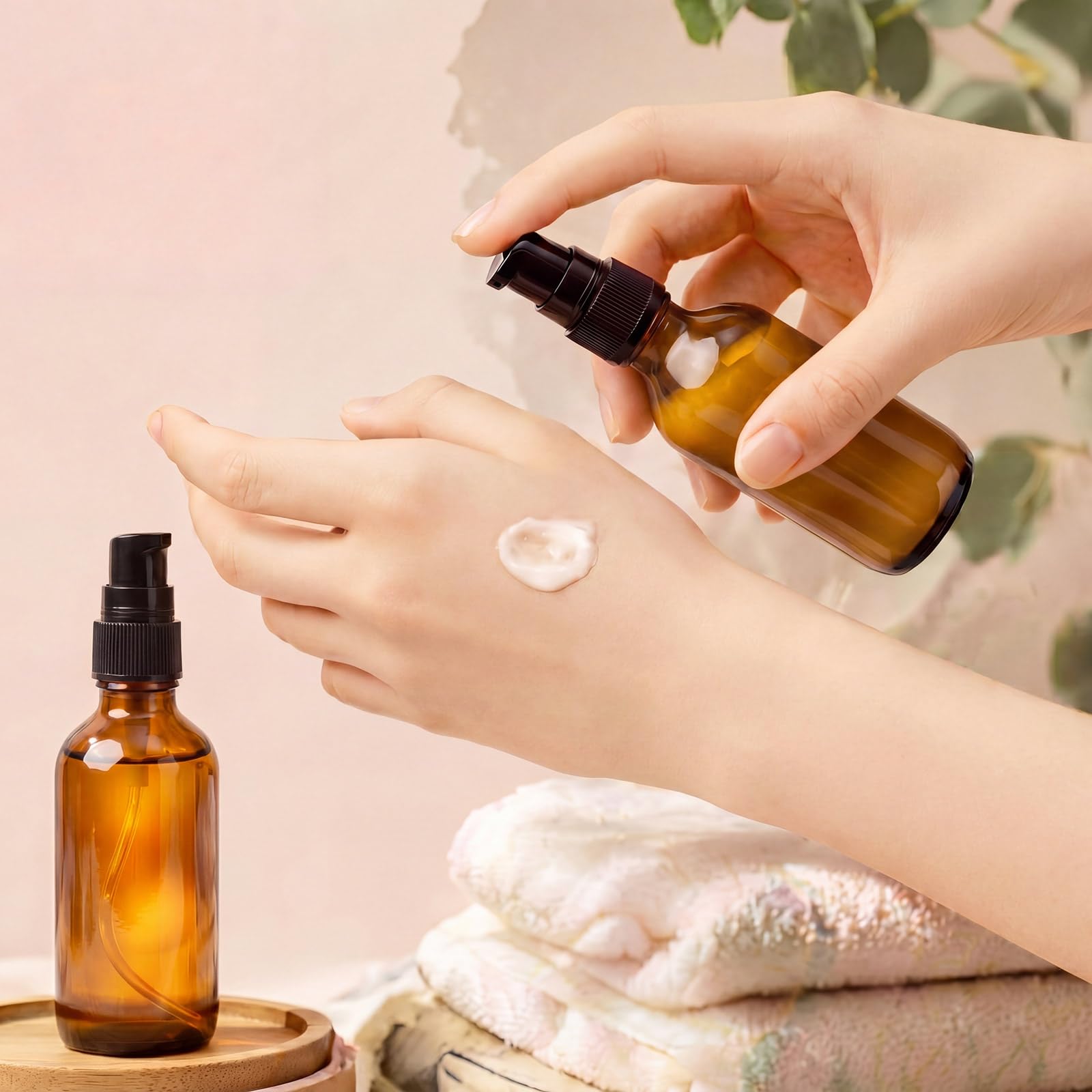 Roshtia Lot de 20 flacons à pompe en verre ambré de 60 ml avec pompe noire pour voyage