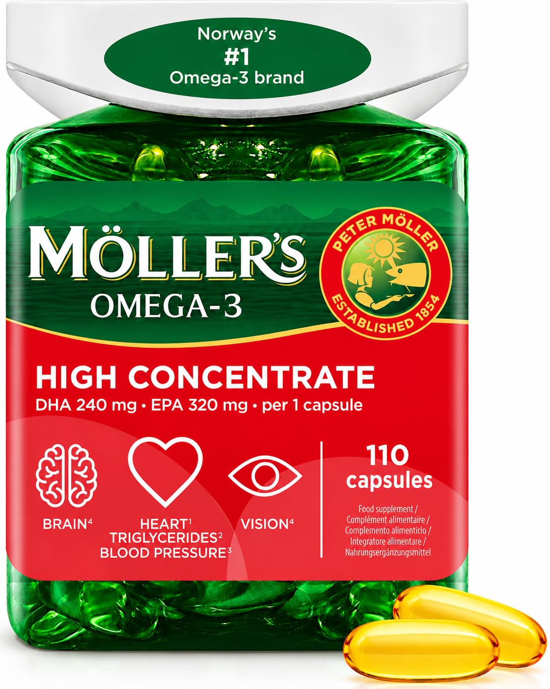 Moller’s ® | High Concentrate | Omega-3 | Premium-Fischöl | Hochdosiert bis zu 3360 mg EPA+DHA pro Tagesdosis | in Triglyceridform | für Gehirn, Sehkraft, Herz, Blutdruck | 110 Weichkapseln