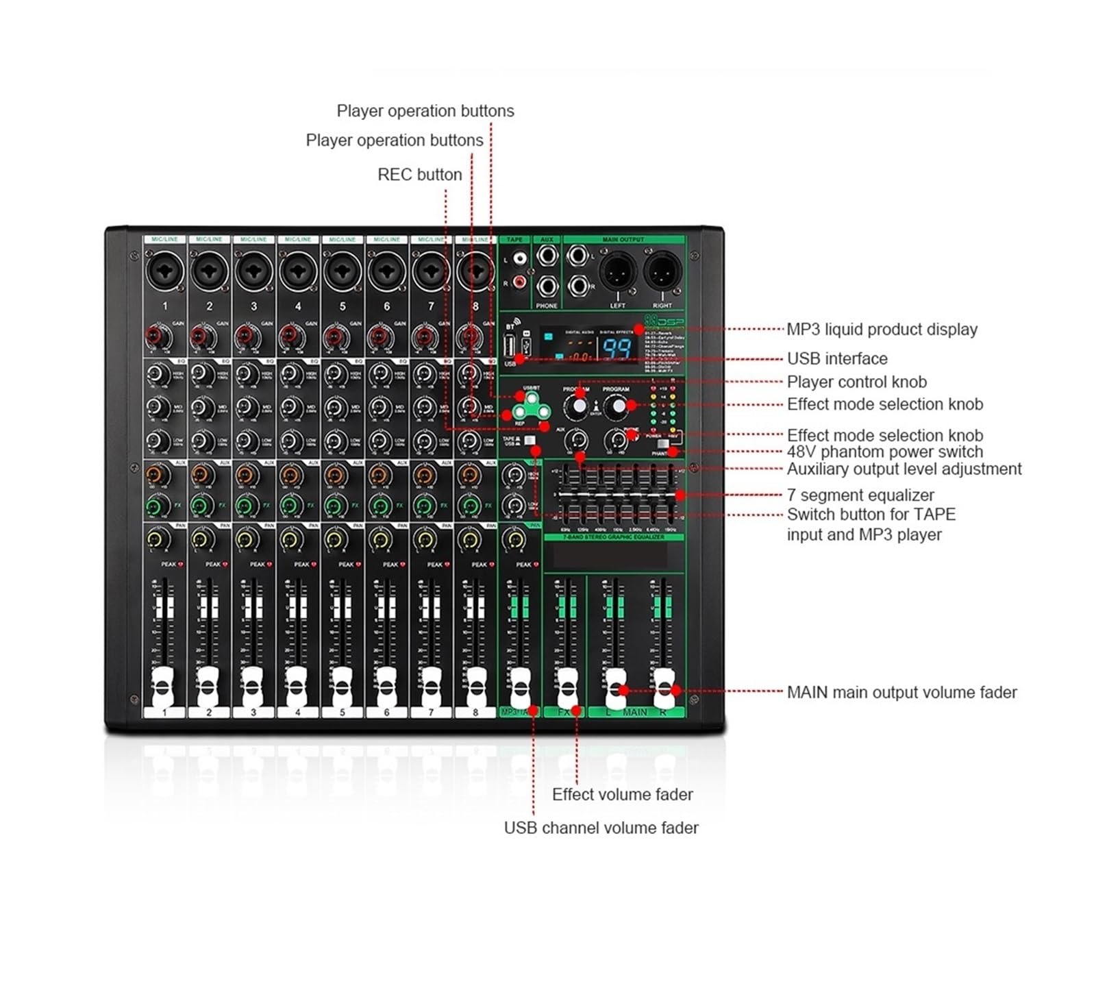 Audiomixer, 8 kanäle Audio Mixer Sound Tisch Professionelle DJ Mischpult 99 DSP Effekte 48V Phantom Power for Sta Studio für Studio-Karaoke
