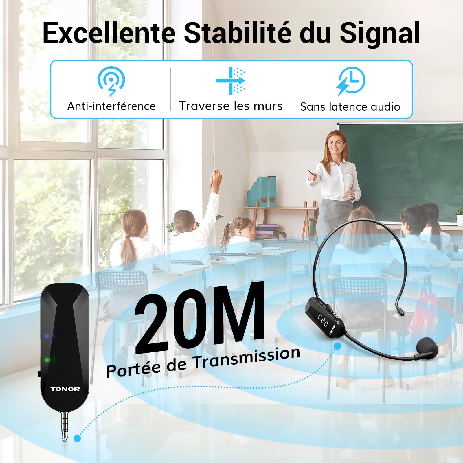 TONOR Micro sans Fil, Microphone sans Fil Casque UHF avec 20 Canaux, Micro Rechargeable avec 2 en 1 et 6.5H Autonomie, pour Amplificateur de Voix,Fitness,Enseignement,Visites Guidées,PA Système, 20 M